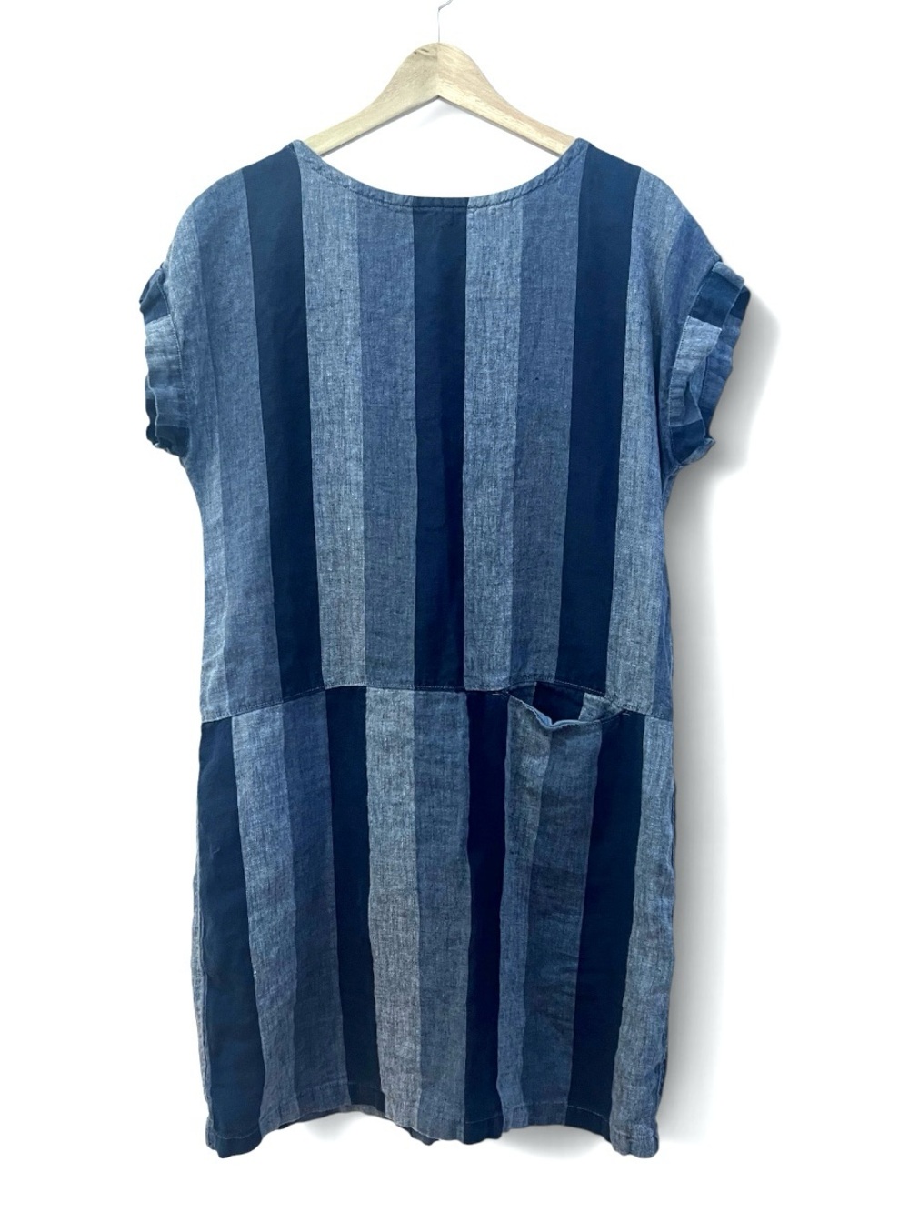 Garnet Hill 100% European Flax Linen Drop-Waist Shift Dress Indigo Stripe, M